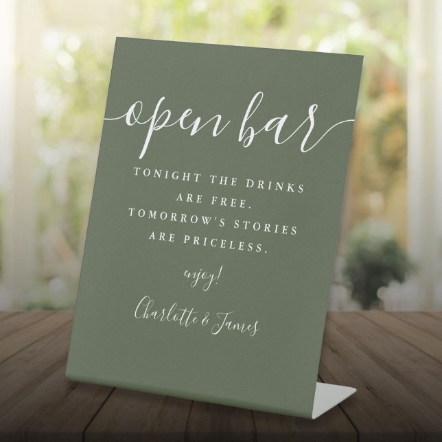 Olive Green Signature Script Open Bar Pedestal Sign (Olive Green Signature Script Open Bar Pedestal Sign)