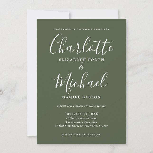 Olive Green Signature Script Photo Wedding Invitation (Front)