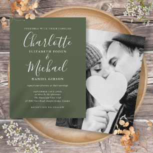 Olive Green Signature Script Photo Wedding Invitation Postcard