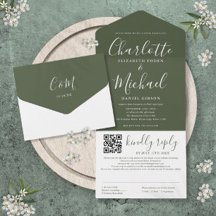 Olive Green Signature Script QR Code Wedding All In One Invitation