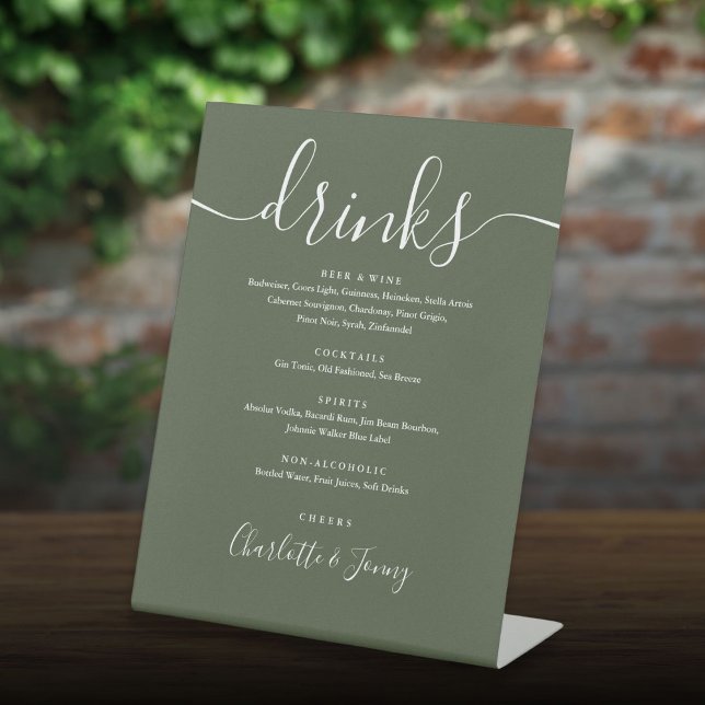 Olive Green Signature Script Wedding Drinks Menu  Pedestal Sign (Olive Green Signature Script Wedding Drinks Menu Pedestal Sign)