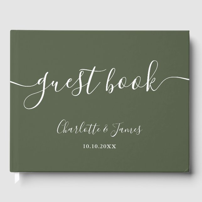 Olive Green Signature Script Wedding Guest Book (Front)