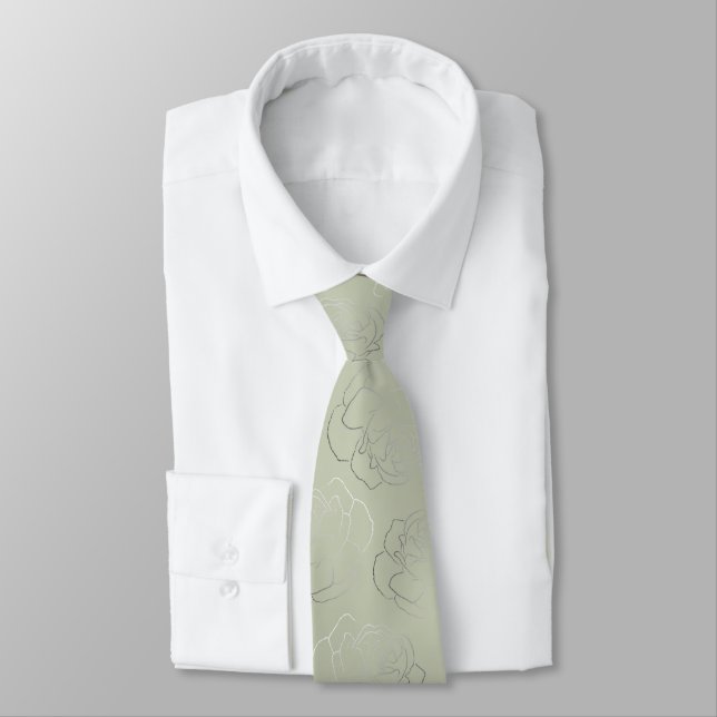 Olive Green Silver Floral Wedding Tie (Tied)