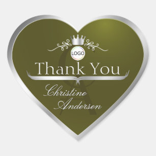 Olive Green Silver Frame Logo Monogram Thank You Heart Sticker