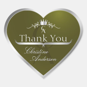 Olive Green Silver Frame with Monogram Thank You Heart Sticker