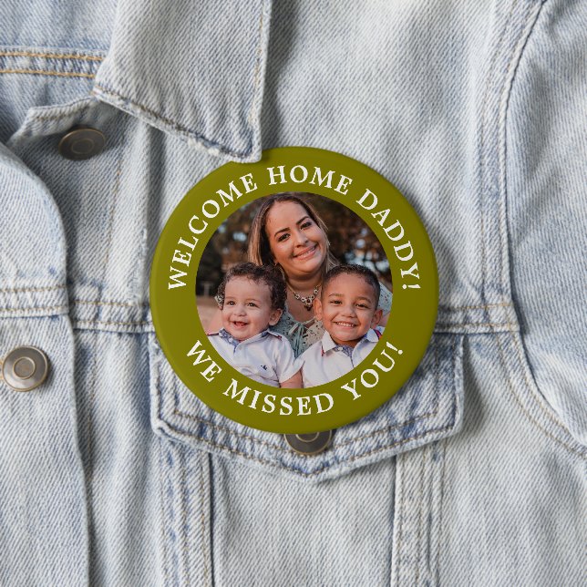 Olive Green Simple Message Arched Text and Photo 10 Cm Round Badge (In Situ)
