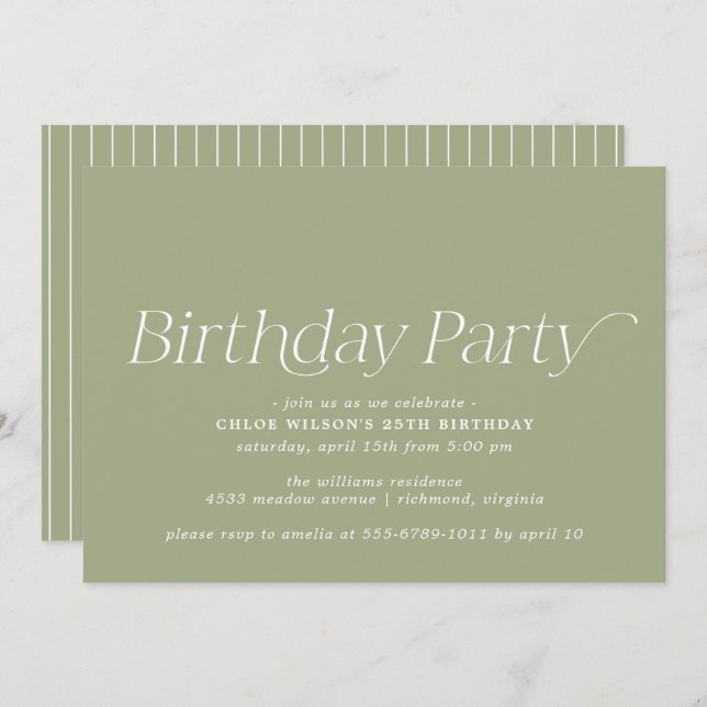 Olive Green | Simple Minimal Any Age Birthday  Invitation (Front/Back)