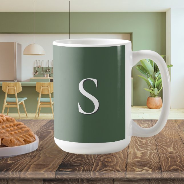 Olive Green Simple Modern Minimalist Monogrammed Coffee Mug (An olive green mug, personalized with an initial on both sides)