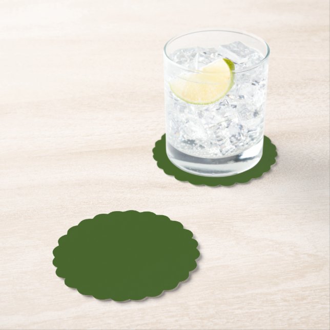 Olive green solid colour paper coaster (Insitu)
