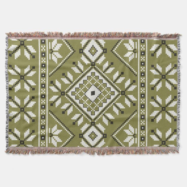 Olive Green Southwest Aztec Geometric Pattern Throw Blanket (Front)
