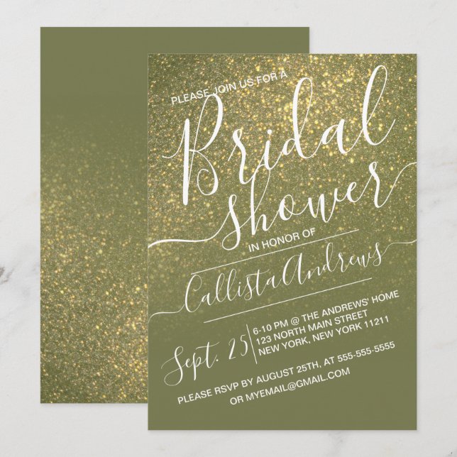 Olive Green Sparkly Glitter Ombre Bridal Shower Invitation (Front/Back)