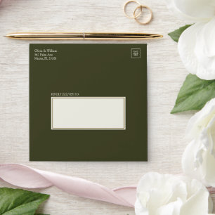 Olive Green Square Ivory Panel Wedding Envelope