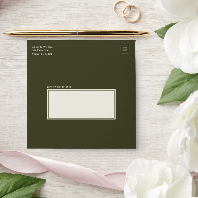 Olive Green Square Ivory Panel Wedding Envelope (Wedding)