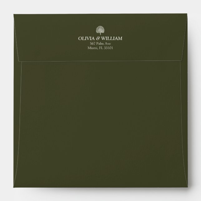 Olive Green Square Tropical Palm Wedding Envelope (Back (Top Flap))