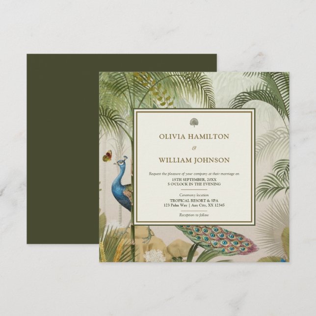 Olive Green Square Tropical Peacock Palm Wedding Invitation (Front/Back)
