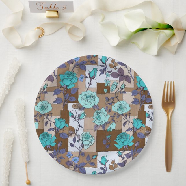Olive Green Squares And Teal Roses Colour Block Paper Plate (Wedding)