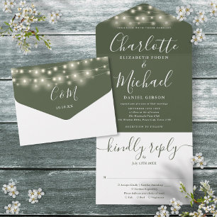 Olive Green String Lights Elegant Script Wedding All In One Invitation