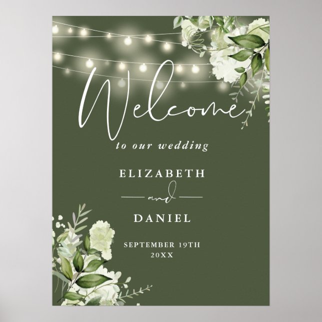 Olive Green String Lights Floral Wedding Welcome Poster (Front)
