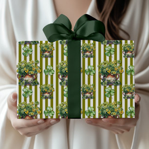 Olive Green Striped Clover Pot St. Patrick Day Wrapping Paper