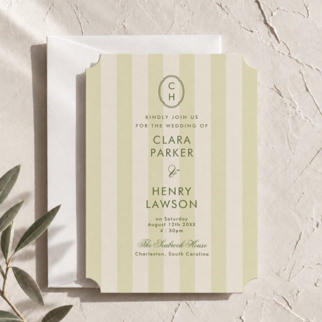 Olive Green Striped Monogram Wedding Invitation (Creator Uploaded)