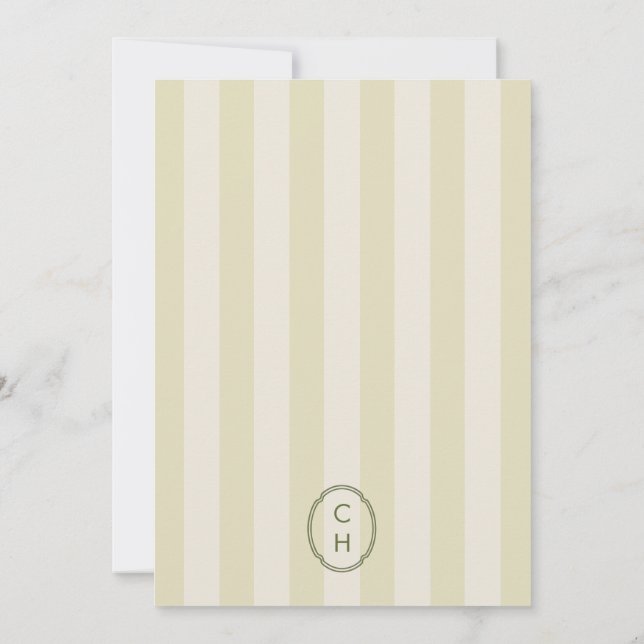 Olive Green Striped Monogram Wedding Menu Card (Back)