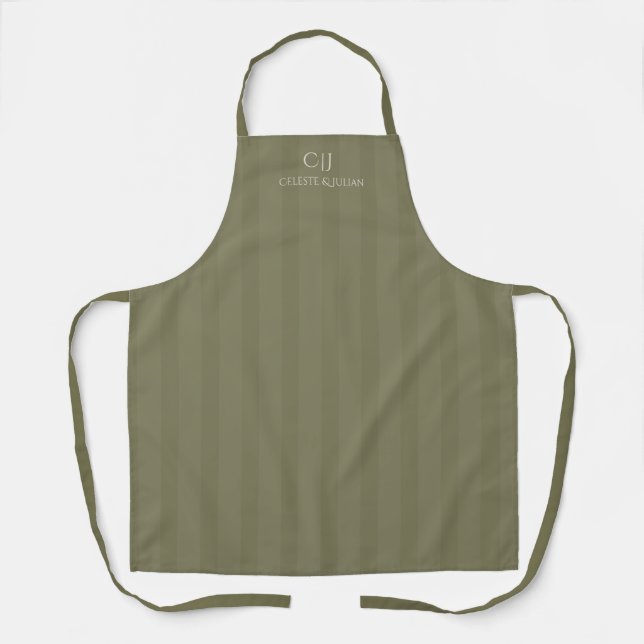 Olive Green Stripes Monogram Wedding Apron (Front)