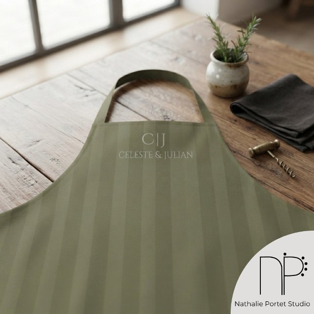 Olive Green Stripes Monogram Wedding Apron (custom olive green monogram wedding apron for personal use or gift for chef)