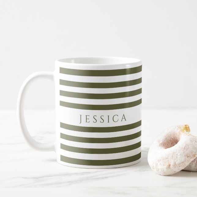 Olive Green Stripes Pattern Name Coffee Mug (With Donut)