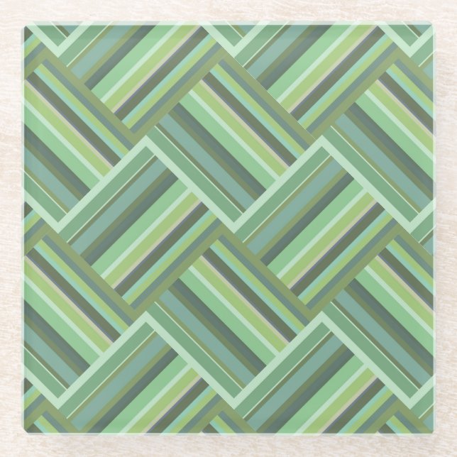 Olive green stripes weave glass coaster (Front)