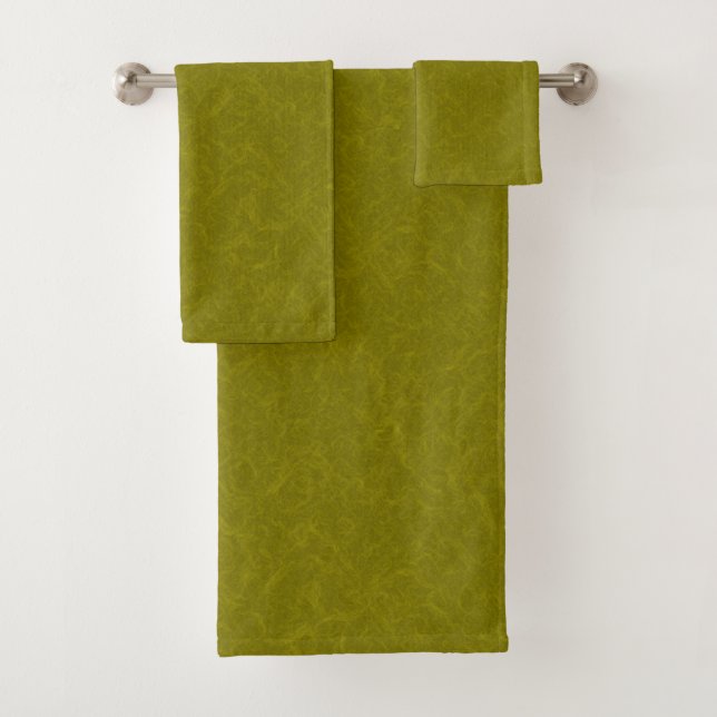 Olive green surface with subtle swirling pattern bath towel set (Insitu)