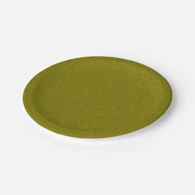 Olive green surface with subtle swirling pattern paper plate (Angled)