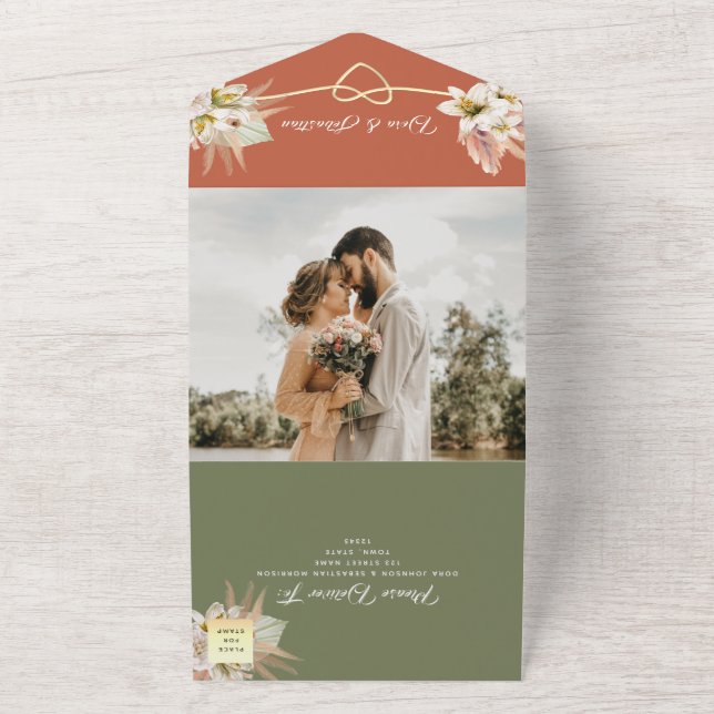 Olive Green & Terracotta Pampas Grass Wedding All In One Invitation (Outside)