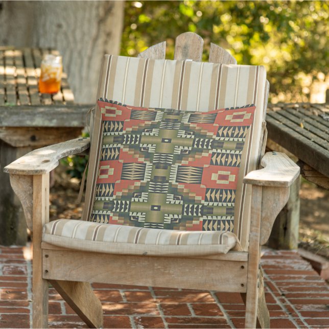 Olive Green Terracotta Red Orange Tribal Art Cushion (Chair)