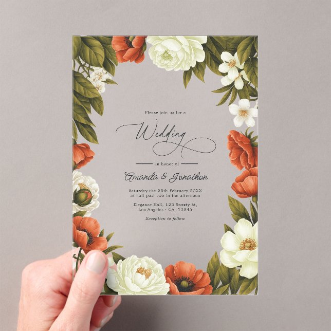 Olive Green Terracotta & Soft Ivory Floral Wedding Acrylic Invitations (Insitu (Handheld))