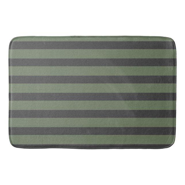 Olive Green Tick Striped Modern Bath Mat (Front)