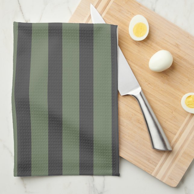 Olive Green Tick Striped Modern Tea Towel (Quarter Fold)