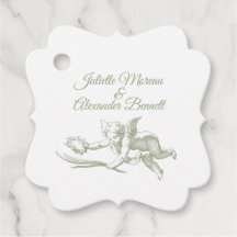 Olive Green Toile de Jouy Cherub Wedding Favor Tag