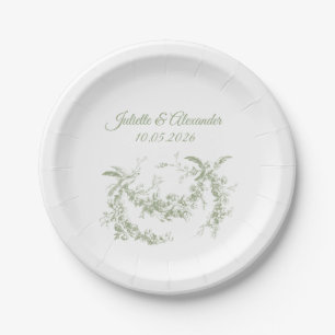 Olive Green Toile de Jouy Wedding Paper Plates