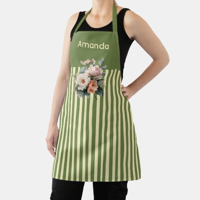 Olive Green Top with Beige Stripes Floral Apron (Insitu)