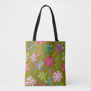Olive Green Tropical Floral Pattern Tote Bag