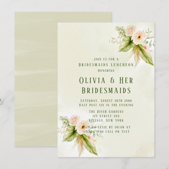 Olive Green Tropical Florals Bridesmaids Luncheon  Invitation (Front/Back)