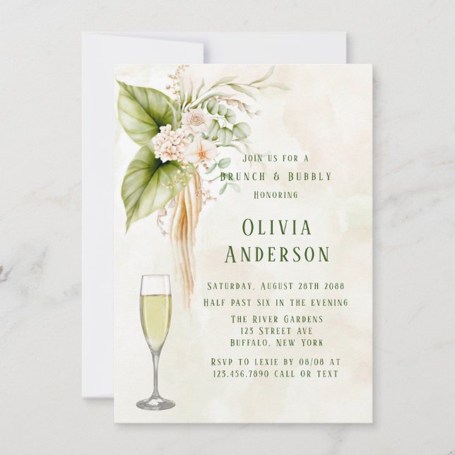 Olive Green Tropical Florals Brunch and Bubbly Inv Invitation (Front)