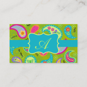 Olive Green Turquoise Modern Paisley Monogram Business Card