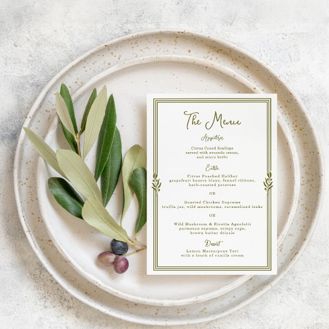 Olive Green Tuscan Elegant Wedding Menu Card (Creator Uploaded)