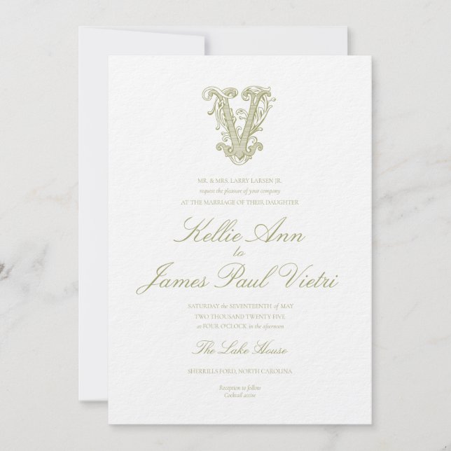 Olive Green "V" Monogram Wedding Invitation (Front)
