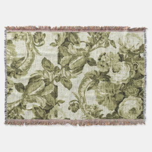 Olive Green Vintage Botanical Floral Toile Fabric Throw Blanket