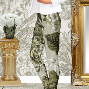 Olive Green Vintage Floral Toile No.1 Leggings