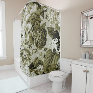Olive Green Vintage Floral Toile No.1 Shower Curtain