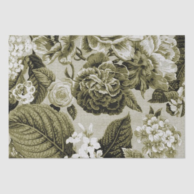 Olive Green Vintage Floral Toile No.1 Tissue Paper (Front)