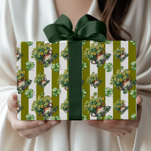 Olive Green Vintage Striped Clover Pot Wrapping Paper